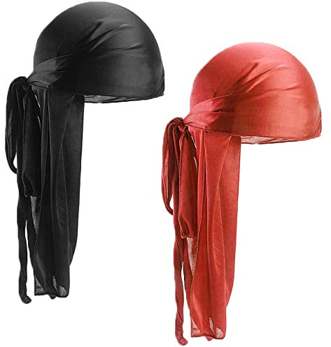 2 Stücke Durag mit Langem Schwanz, Unisex Durag Men Silk Piraten Bandanas mit Langem Schwanz und Breiten Trägern für Männer Frauen die tägliche Hip-Hop-Dekoration (Schwarz+Weinrot)