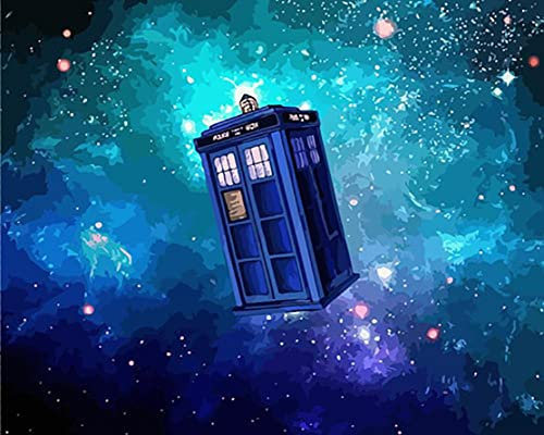 Ölgemälde nach Zahlen für Erwachsene, Ölgemälde nach Zahlen für Erwachsene, Set für Anfänger, Motiv: Tardis durch den Sternenhimmel, 40,6 x 50,8 cm (Holzrahmen zum Selbstaufbau)