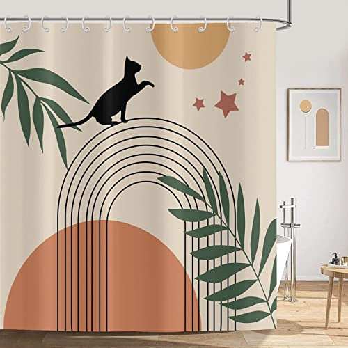 ASDCXZ Duschvorhang 180x180 cm Boho Style, Mid Century Abstrakt Kunst Boho Katze Blätter Beige Bad Waschbar Duschvorhänge Polyester Textil Wasserdicht Duschvorhang für Badewanne mit 12 Haken