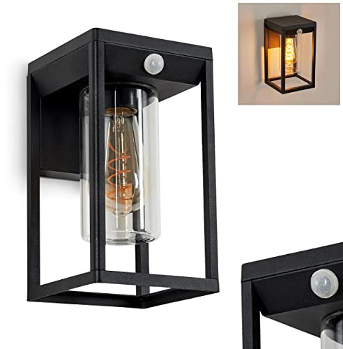 Außenwandleuchte Palanga, Außenleuchte aus Metall/Glas in Schwarz/Klar, Wandlampe abwärts m. Bewegungsmelder u. Lichteffekt für Terrasse/Eingangsbereich, 1 x E27, ohne Leuchtmittel