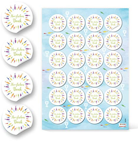 Logbuch-Verlag 24 bunte Aufkleber Herzlichen Dank - Fische Danke Sticker Taufe Kommunion Konfirmation Ø 4 cm