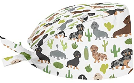 Babrukda Damen Herren Mütze mit Schweißband verstellbare Raffhalfter Mütze schmutzabweisend Beanie, Kaktus-Dackel, Einheitsgröße