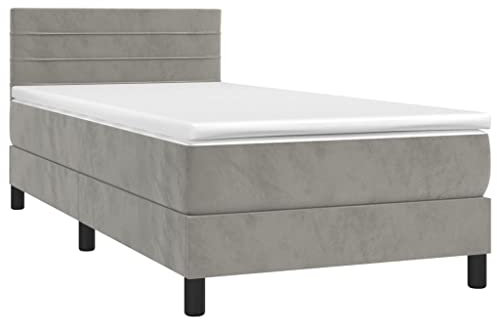 vidaXL Boxspringbett mit Matratze LED Polsterbett Bett Einzelbett Bettrahmen Bettgestell Lattenrost Schlafzimmerbett Hotelbett Hellgrau 90x200cm Samt