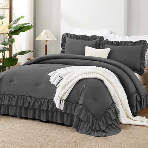 Andency Fullsize-Bettwäsche-Set mit Rüschen, Shabby-Chic, für alle Jahreszeiten, 3-teilig, leicht, flauschig, Bauernhaus-Stil für Damen und Herren (1 Rüschendecke, 2 Kissenbezüge), Dunkelgrau