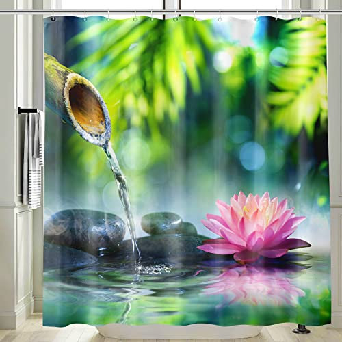 Vgzsyomqib Zen Rideau Douche Anti Moisissure Etanche Vert Bambou Galet Rideau de Douche Salle Bain 120 x 200 Tissu Imperméable Fleuri Lotus Rideaux Baignoire Noir Lavable Machine avec Anneaux