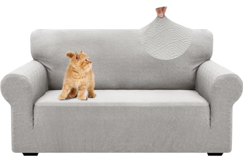 YSTELLAA Stretch Sofa Überzug 2 Sitzer, Sofaschoner rutschfest Mit Armlehne, Dicke Sofabezug Für Hunde Katzen Und Haustiere, Universal Jacquard Sofabezug, Waschbare Sofa Cover, Silber Grau