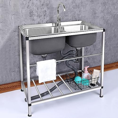 Evier Inox Professionnel,Meuble Evier Cuisine 2 Bacs,Plonge Inox avec Etagère de Rangement et Robinet,Évier de Mobile en Acier Inoxydable 304,Lavabo Multifonction,Extérieur Intérieur Buanderie ( Size