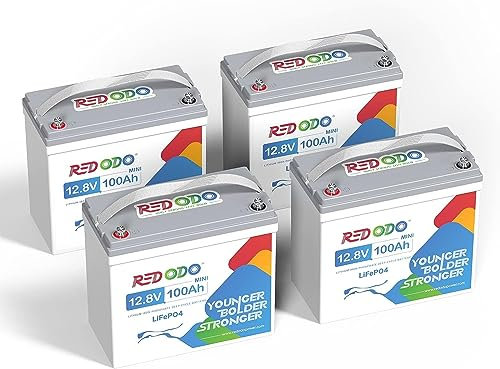 Redodo 12V 100Ah Mini batteria al litio LiFePO4 (4 Pack) BMS integrato 100A e celle di grado A, fino a 15000 cicli e 10 anni di durata