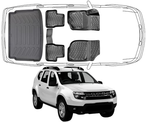 Trimak Passgenau 3D Fussmatten & Kofferraumwanne Auto Set Kompatibel mit Dacia Duster 4X2 1 Gen 2010-2018 Auto Zubehör Gummimatten & Kofferraummatte Autos Allwetter Geruchlos rutschfest Schwarz