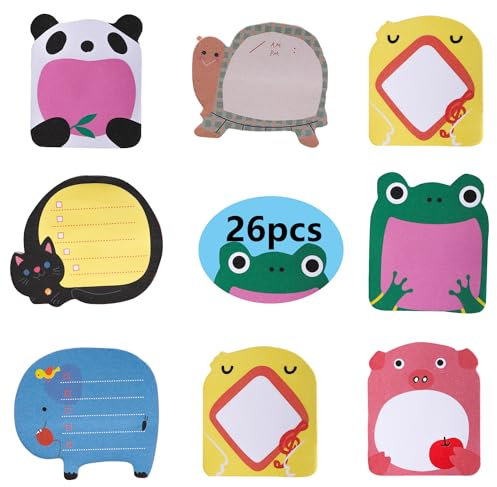 26 Packungen Bunt Cartoon Haftnotizen Klebezettel, Tiere Sticky Notes, Klein Selbstklebende Haftnotizzettel Notizblöcke für Kinder Studenten Geschenke Büro Memo Notizen