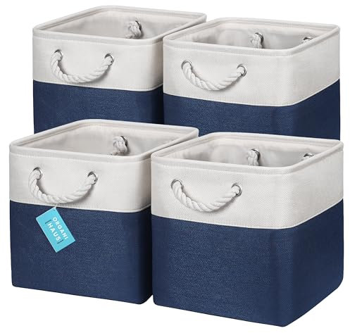 OrganiHaus 28x28 Cube Storage Bins Set of 4, Fabric Cube Baskets for Storage Shelves, Foldable Storage Cubes for Kallax Organizer Cube Bins w Rope Handles, Cubby Bins for Nursery Decor, Navy Blue