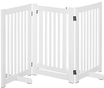 PawHut Barrera para Perros de Madera 155x76 cm Valla para Mascotas Plegable de 3 Paneles con 1 Puerta y Patas de Apoyo para Pasillo Escalera Blanco