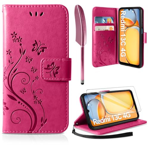 AROYI Lederhülle Kompatibel mit Xiaomi Redmi 13C 4G (Nicht für 5G) Hülle und Schutzfolie,Wallet Handyhülle Leder Tasche Kartensteckplätzen Schutzhülle Kompatibel mit Xiaomi Redmi 13C 4G Rosenrot