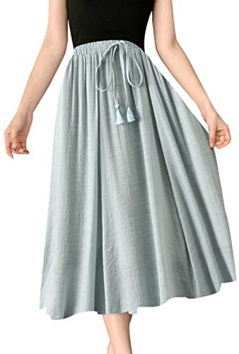 Skang Rock Midi Damen Sommer Doppellagiger Rock aus Baumwolle und Leinen im Retro-Stil für den Sommer Vintage Röcke