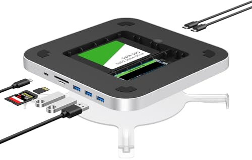GEWOKLIY Mini concentrateur Mac - Station d'accueil avec double fermeture SSD - Compatible avec SSD M.2 NVMe/SATA et SSD 2,5 pouces, USB C 10 Gbps, lecteurs de carte SD/TF, Mac Mini Dock pour Mac Mini