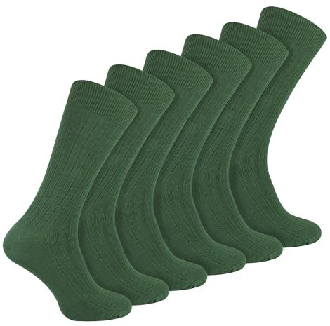 6 Pairs Multipack Mens Ribbed Dress Socks | Sock Snob | Breathable Crew Cotton Socks (6-11, Dark Green)
