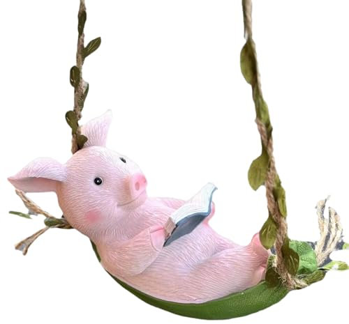 OULIGET Schweinestatue, Garten, Outdoor, Schaukel, Garten, hängendes Schwein, Harz, Heimdekoration, charmant naive Schweine-Dekoration, Gartendekoration für Terrasse, Hof, Rasen, Zaun, Weg, Hinterhof