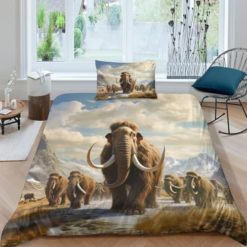 NAHCBIOT Mammoth Bettwäsche-Set 3D Print Ice Age Musterdesign Bettbezüge,dreiteiliger Bettbezug Set Microfaser Bettbezüge Single(135x200cm)
