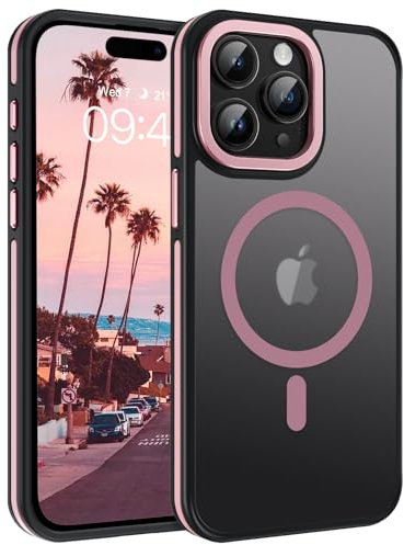 DOMAVER Magnétique Coque pour iPhone 15 Pro-Dos Transparente Mat, [Compatible avec MagSafe], Case Aimant Protection Rigide Etui Antidérapante, Housse pour 15 Pro Fin, Rose