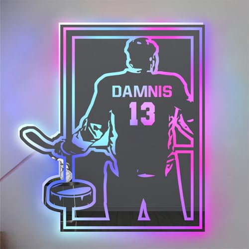 Personalisierte Hockey Spieler LED Spiegel Licht Up Zeichen, benutzerdefinierter Name für Zahl Hockey Wand Kunst Neon Licht, Weihnachten Geburtstag Hockey Geschenk für Männer Jungen