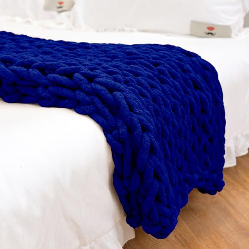 Chunky Knit Blanket Throw Handmade Navy Blue Chenille Cable Knit Blanket Soft and Cozy Throw for Sofa, Couch, Bench, Bed 200x200cm