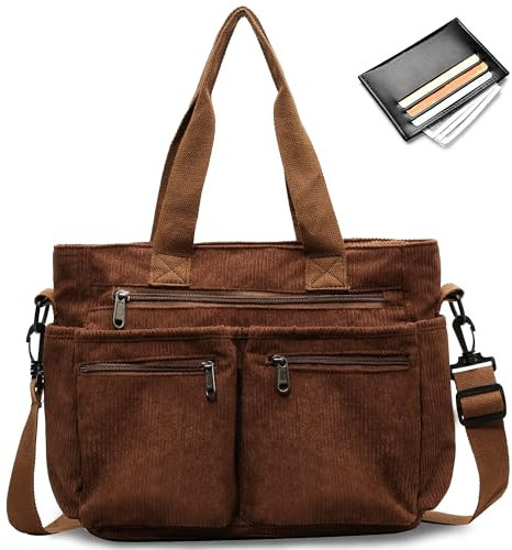 Tokeya Handtasche Damen, Cord Damen Umhängetasche Mittelgroß Tote Bag Tasche mit Mehrere Taschenfach, Kord Crossbody Bag Frauen Shopper Schultertasche Damen für Arbeit Büro Reisen Einkaufen, Braun