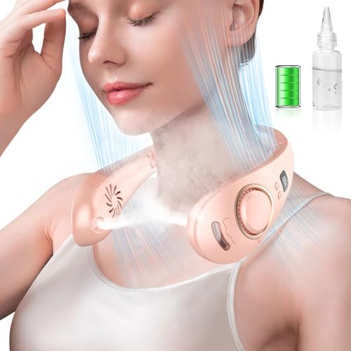 DDKJ Neck Fans for Women Rechargeable,Neck Fan with Mist Portable Shoulder Fan Rechargeable Silent Cordless Fans,Spray Fans Folding Adjustable Powerful Headphone Style Neck Fan for Childrens Men Pink