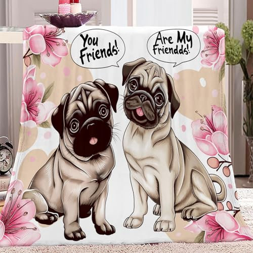 Kuscheldecke Flauschige Personalisierte Cartoon-Mops Bedruckte Decke, 130 x 150 cm Bedruckte Kuscheldecke weiche Decke Weiß Gelb Geeignet als Decke für Bett und Sofa