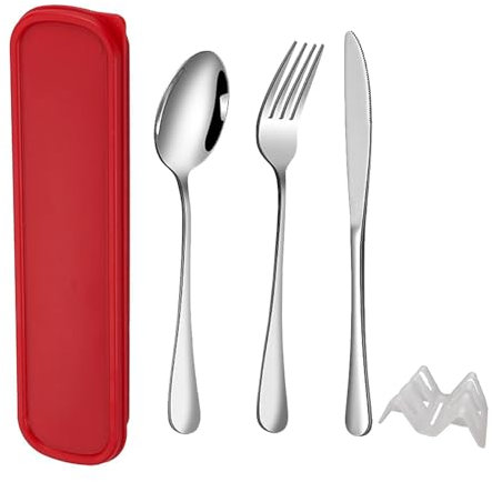 QZLSAYSLSet di Posate Acciaio Inox, 5 Pezzi, Posate da Viaggio in Argento con Cucchiaio Forchetta Coltello, Finitura Lucida Lavabili in Lavastoviglie (Rosso profondo)