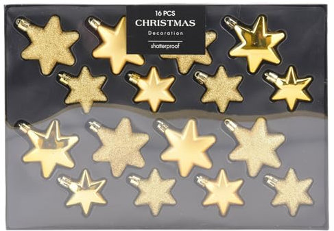 MIJOMA 16-teiliges Christbaumkugel-Set, bruchsicher, 2 Größen 65mm & 45mm, Weihnachtsanhänger – Herzform oder Sternform, Weihnachtsbaumschmuck Matt, Glänzend, Glitter (Gold, Stern)