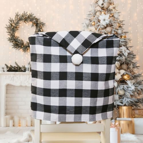 Morbuy Weihnachtsdeko Stuhlhussen, Weihnachten Kariert Stuhlrückenbezug Stuhlhussen Hussen Abnehmbarer Waschbarer Stuhlbezug für Bankett Restaurant Neujahr Weihnachten (Schwarz Weiß,6er Set)