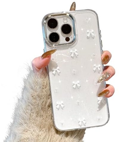 EYZUTAK Case for iPhone 16 Pro Max, Bling Glitter 3D Bowknot Phone Case Cute Sparkly Crystal Clear Bow Aesthetic Design Case Slim Soft Durable TPU Transparent Protective Cover for Women Girl-White Bow