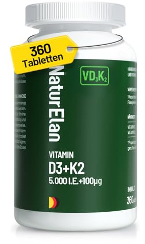 Vitamin D3 K2 hochdosiert Depot - 360 Tabletten - 5000I.E. + Vitamin K2 MK7 100 mcg pro Dosis, 1+ Jahre Vorrat, Vegetarisch，In Deutschland Produziert