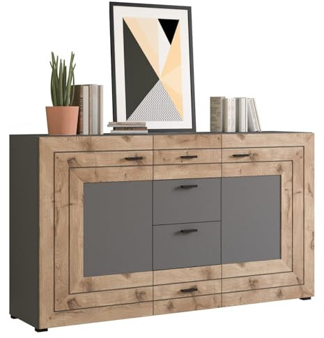 Newroom Sideboard Grau Kommode Industrial Modern - 160x90x40 cm (BxHxT) - Highboard Anrichte - [Octans.one] Wohnzimmer Schlafzimmer Büro Flur