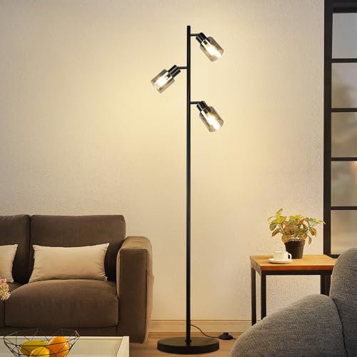 Kowanie Stehlampe Vintage Wohnzimmer Schwarz: Stehleuchte Industrial Standleuchte 3 flammig aus Glas E14 Fassung Metall Standlampe Schwenkbar 350° Leselampe für Schlafzimmer Büro - Ohne Leuchtmittel