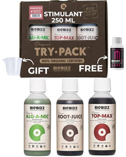 GROWMANIA Trypack Stimulant Biobizz + Campione Boost Up Nutrients + Misurino | Fertilizzante Alg a Mic, Top Max e Root Juice per piante e colture | Stimolazione della crescita