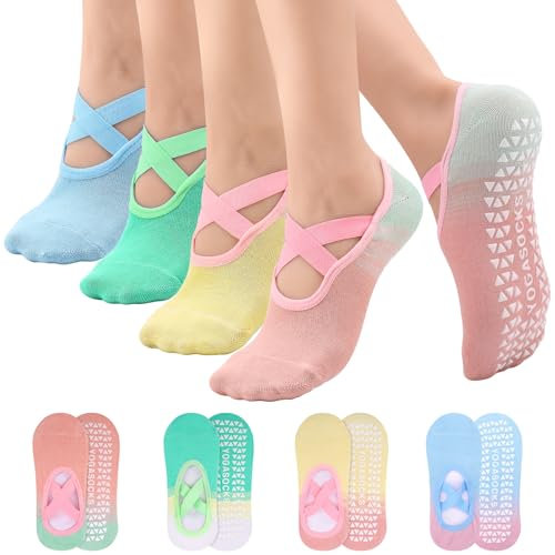 Utensilsto 4 Paar Yoga Pilates Socken Rutschfeste,Anti Rutsch Yogasocken mit Noppen,35-38 Gradient Socken für Ballett Tanzen Trampolin Gymnastik Fitness