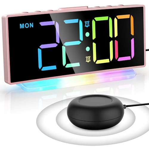 Vibrierender Lauter Wecker mit Bettschüttler, RGB Digitaler Wecker, 8-Farbiges Großes Display, Nachtlicht,2 Alarme, LED Digitale Tischuhr für Schwerschläfer/Hörgeschädigte/Kinder, Speicher Ausschalten