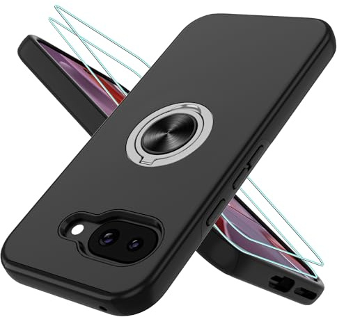 Pilaru Handyhülle für Google Pixel 9A Hülle mit 2 Stück Schutzfolie[360° Unsichtbarem Drehbarem Ständer] TPU + PC Stoßfest Schutzhülle Handyhülle für Pixel 9A-Schwarz