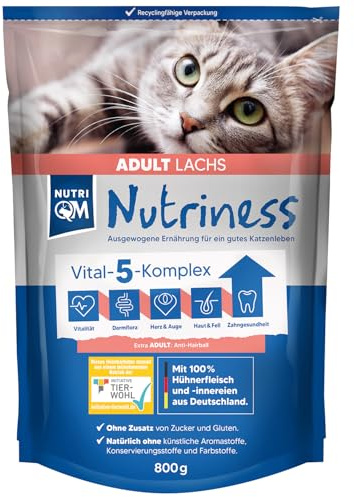 NutriQM® Katzenfutter Trocken Lachs [5×800 g] – Ohne Gluten & Zucker – Unterstützt Haut & Fell – Knuspriges Trockenfutter für ausgewachsene Katzen – Initiative Tierwohl Zertifiziert – Made in Germany