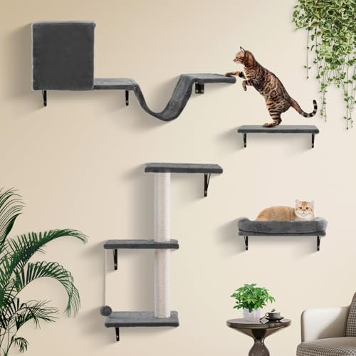 Cat Shelves,5-in-1 grey cat wall shelves set with nest, hanging bridge, scratching post, board & tracking ball - cat wall furniture for indoor cats
