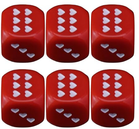 Dice Set, Heart Dice, Acrylic Cubes, Rounded Corners, Heart-Shaped Dots, Travel Game Use for Collecting Homeschool Night Play, Size 0.98 Inches, White Red Color, 6 Pieces, 1 Set
