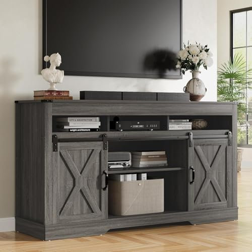 SUNVIVI Farmhouse TV Stand for 65+ Inch TV, Tall Entertainment Center with Storage Cabinets and Sliding Barn Doors, Mid Century Modern Media TV Console Table for Living Room (Dark Grey)