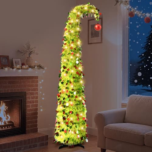 Albero di Natale pieghevole pop-up, 150 cm/5 m, matita allungabile, pieghevole, con 50 luci LED, decorazione natalizia con supporto e riutilizzabile (verde limone)