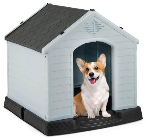 GOPLUS Hundehütte aus Kunststoff, Zwinger für Drinnen und Draußen, Hunde-Haus mit Belüftungsystem und Befestigungsvorrichtung, Stabil und Kratzfest, mit Erhöhtem Boden (S)
