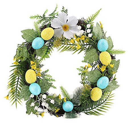 Couronne de Pâques vintage de 30 cm pour décoration murale de porte d'entrée, guirlande printanière avec œufs pastel mélangés, feuilles vertes artificielles, fleurs, couronnes de porte de Pâques pour