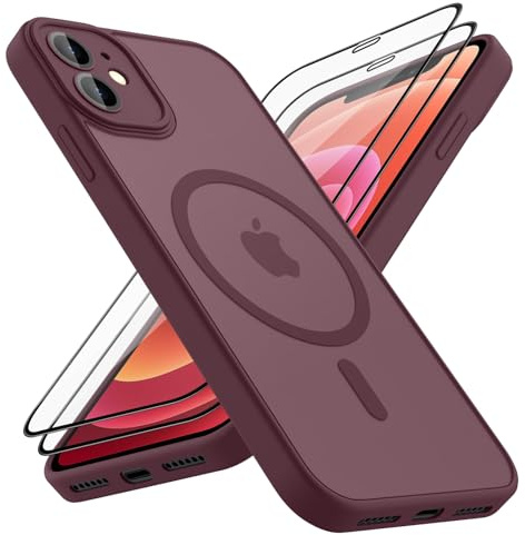 Wanme Magnétique Coque pour iPhone 12 avec 2 Verre Trempé,Compatible avec MagSafe,Protection d'objectif Tout Compris,Etui Translucide Mat Arrière Housse Fine Antichoc Case (Rouge Vin)