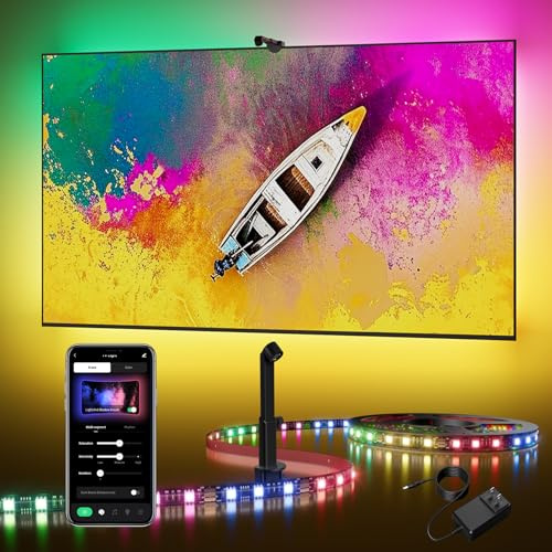 DecTok - Retroiluminación LED para TV de 15 pies - Retroiluminación de TV Sincronización a visualización monitor de PC para tira de luces LED RGB de 55 a 75 pulgadas cortables con sensor, control de