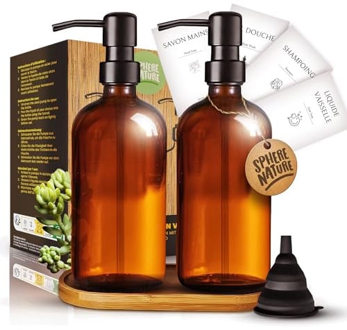 Glas Seifenspender 500 ml Amber Vintage | 2er Set + Trichter + Holztablett + 4 Etiketten | Schwarzer Gebürsteter Edelstahl | Für Seife, Handdesinfektionsgel, Spülmittel, Shampoo (Schwarz)