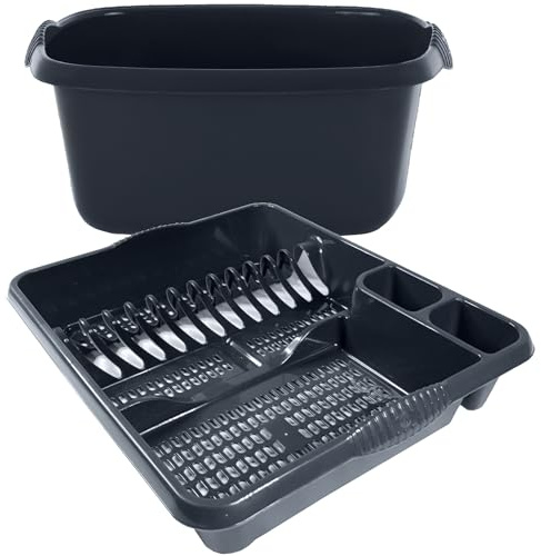 KetoPlastics Midnight Black Kitchen Set - Large Dish Drainer and Rectangle Washing Up Bowl - 2 Piece Grey Washing Up Plastic Kitchen Set